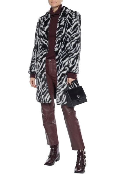 Shop Alice And Olivia Kylie French Terry-trimmed Zebra-print Faux Fur Hooded Coat In Black