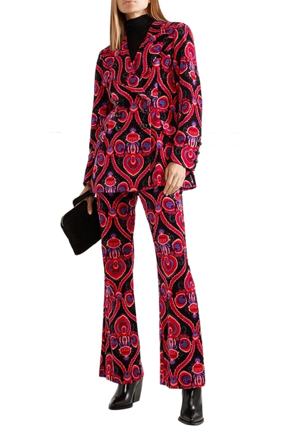 Shop Anna Sui Arabesque Printed Cotton-velvet Flared Pants In Pink