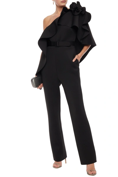 Shop Badgley Mischka One-shoulder Belted Ruffled Scuba Jumpsuit In Black