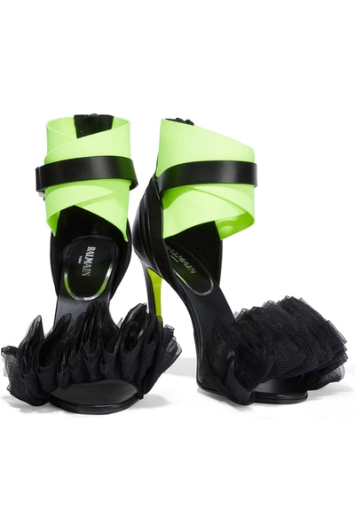 Shop Balmain Isuare Leather, Suede, Ruffled Tulle And Organza Sandals In Bright Yellow