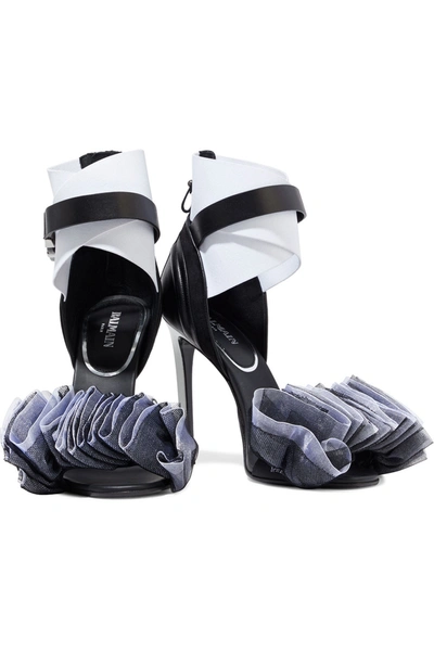 Shop Balmain Isuare Leather, Suede, Ruffled Tulle And Organza Sandals In Black