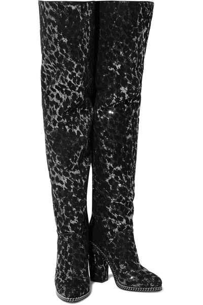 Shop Balmain Emma Flocked Sequined Leather Over-the-knee Boots In Black