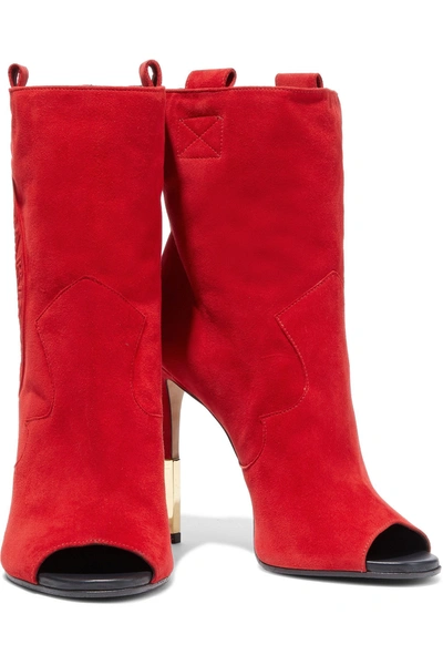 Shop Balmain Embossed Suede Ankle Boots In Red