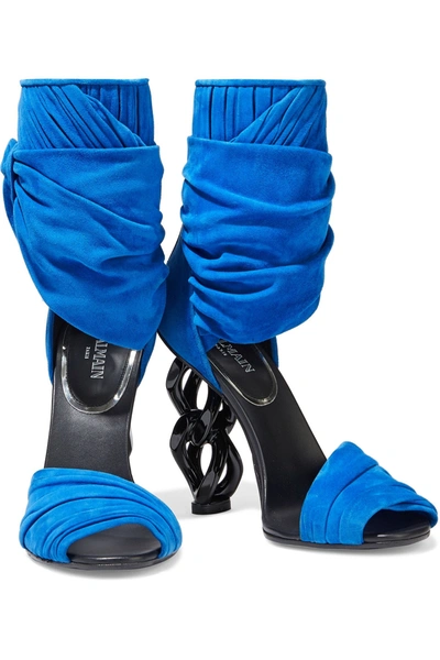 Shop Balmain Knotted Pleated Suede Sandals In Cobalt Blue