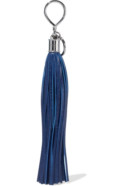 Shop Balmain Tasseled Glossed Textured-leather Bag Charm In Indigo