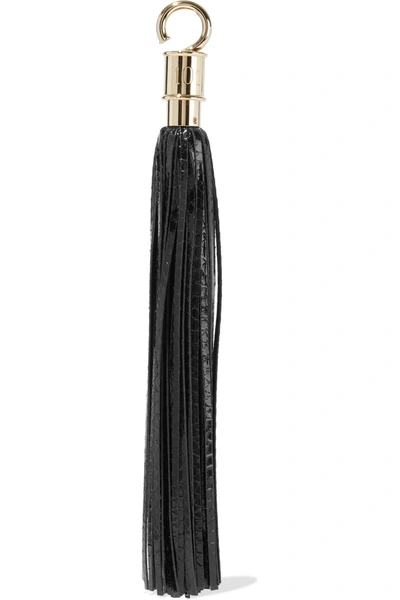 Shop Balmain Tasseled Glossed Snake-effect Leather Bag Charm In Black