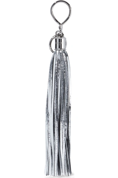 Shop Balmain Tasseled Metallic Textured-leather Bag Charm In Silver