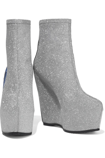 Shop Balmain Eva Glittered Leather Wedge Ankle Boots In Silver