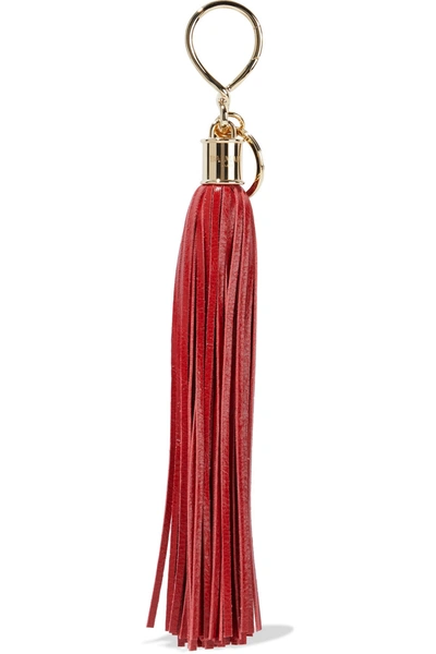 Shop Balmain Tasseled Glossed Cracked-leather Bag Charm In Red