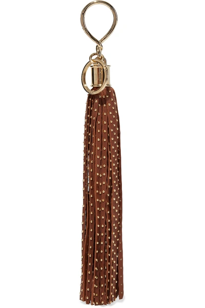 Shop Balmain Tasseled Studded Leather Keychain In Light Brown