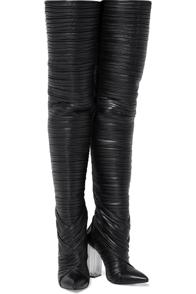 Shop Balmain Ingrid Pleated Leather Thigh Boots In Black