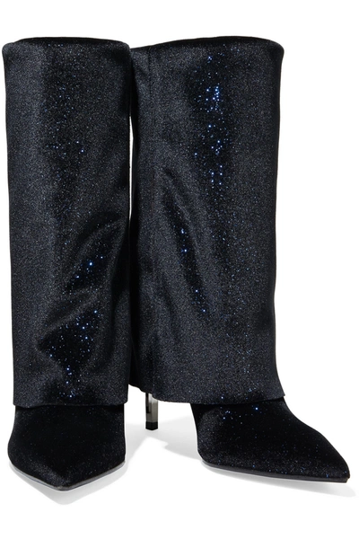 Shop Balmain Glittered Velvet And Leather Boots In Midnight Blue