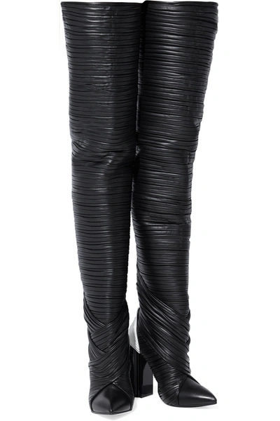 Shop Balmain Ingrid Pleated Leather Thigh Boots In Black