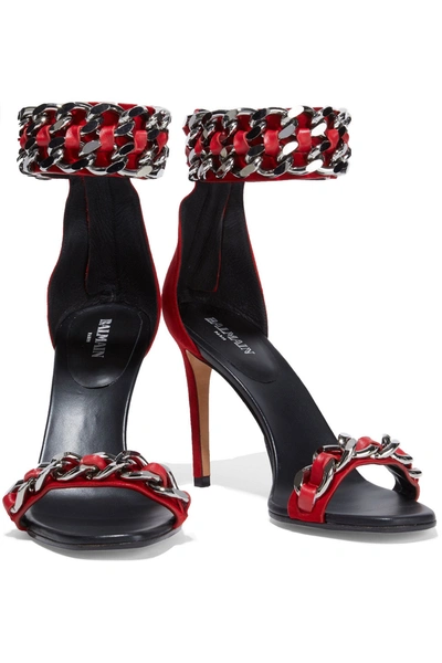 Shop Balmain Duo Chain-trimmed Suede Sandals In Crimson