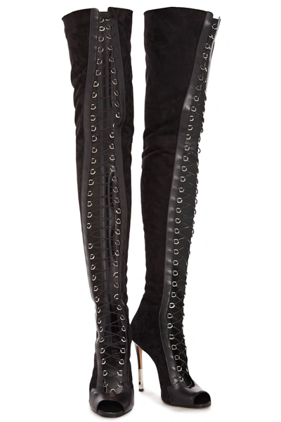 Shop Balmain Campbell Lace-up Leather Thigh Boots In Black