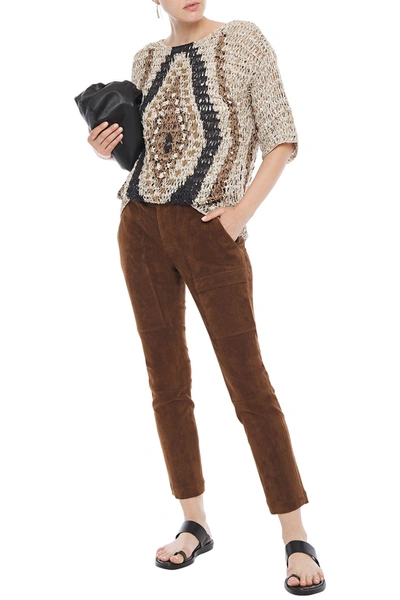 Shop Brunello Cucinelli Sequin-embellished Open-knit Cotton-blend Sweater In Beige