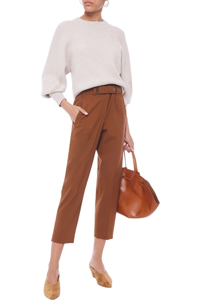 Shop Brunello Cucinelli Cropped Belted Stretch-wool Cady Tapered Pants In Brown