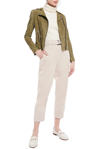 Shop Brunello Cucinelli Cropped Belted Cotton-blend Corduroy Straight-leg Pants In Neutral