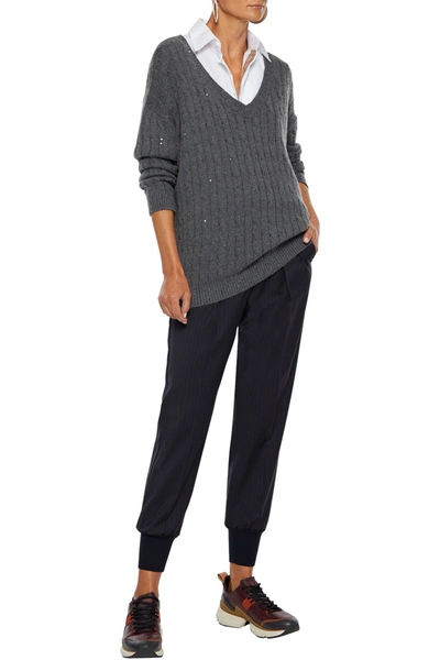 Shop Brunello Cucinelli Sequined Cable-knit Cashmere And Silk-blend Sweater In Dark Gray