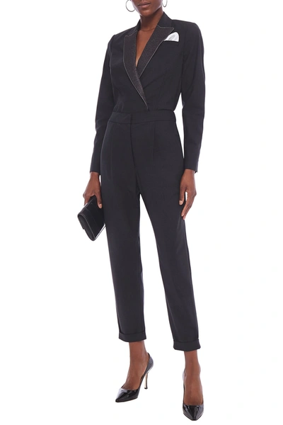 Shop Brunello Cucinelli Cropped Metallic Crepe-trimmed Bead-embellished Wool-blend Jumpsuit In Charcoal