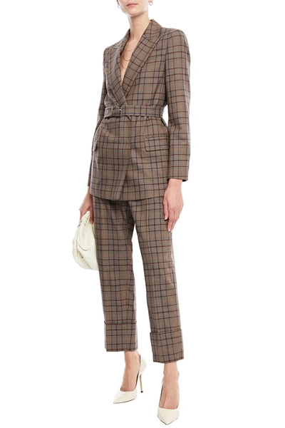 Shop Brunello Cucinelli Belted Checked Wool And Cotton-blend Blazer In Light Brown