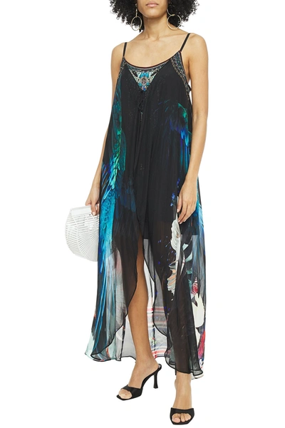 Shop Camilla Layered Crystal-embellished Printed Chiffon And Silk Crepe De Chine Mini Dress In Black