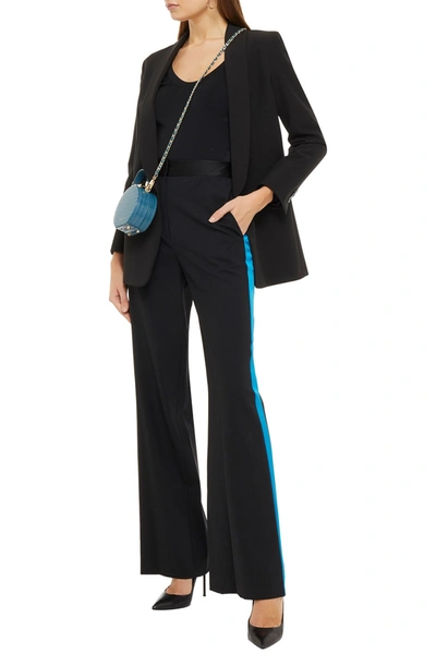 Shop Diane Von Furstenberg Satin-trimmed Wool-blend Crepe Wide-leg Pants In Black