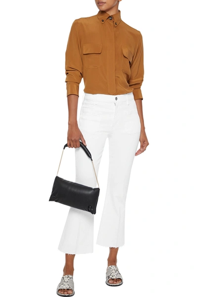 Shop Frame Le Bardot Crop Flare Mid-rise Kick-flare Jeans In White