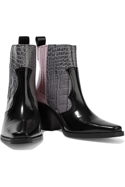 Shop Ganni Callie Paneled Croc-effect And Glossed-leather Ankle Boots In Multicolor