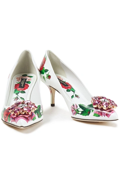 Shop Dolce & Gabbana Bellucci Crystal-embellished Floral-print Leather Pumps In White