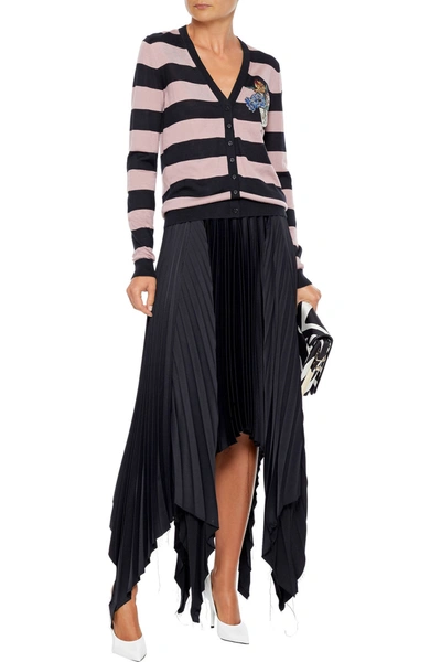 Shop Dolce & Gabbana Embroidered Striped Cashmere Cardigan In Baby Pink