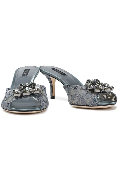 Shop Dolce & Gabbana Keira Crystal-embellished Corded Lace Mules In Gray