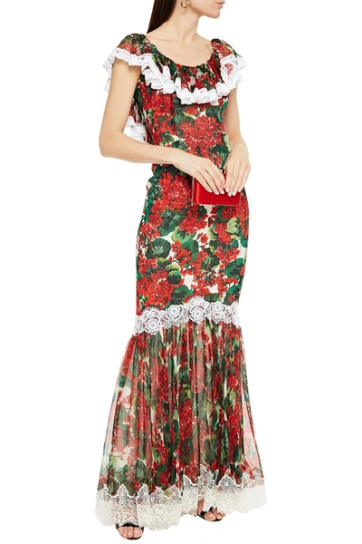 Shop Dolce & Gabbana Lace-trimmed Floral-print Silk-blend Voile Gown In Red