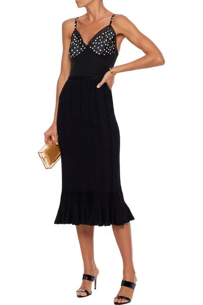 Shop Dolce & Gabbana Polka-dot Satin Twill-paneled Ribbed Silk-blend Camisole In Black