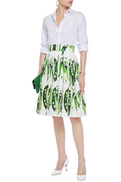 Shop Dolce & Gabbana Pleated Printed Stretch-cotton Poplin Skirt In White