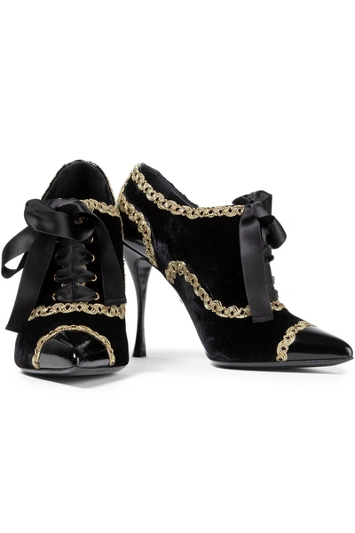 Shop Dolce & Gabbana Embellished Lace-up Velvet And Patent-leather Ankle Boots In Black