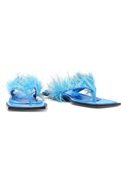 Shop Helmut Lang Feather-embellished Leather Flip Flops In Bright Blue