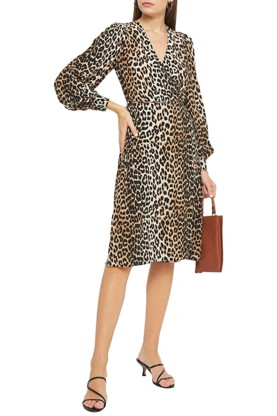 Shop Ganni Leopard-print Crepe De Chine Wrap Dress In Animal Print