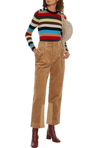 Shop Ganni Button-embellished Striped Cashmere Sweater In Multicolor