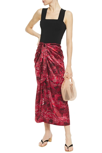 Shop Ganni Tie-front Printed Stretch-silk Satin Midi Skirt In Crimson