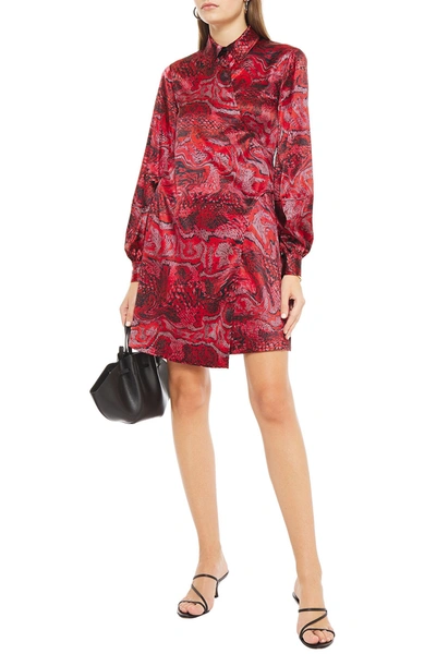 Shop Ganni Printed Silk-blend Satin Mini Wrap Dress In Red