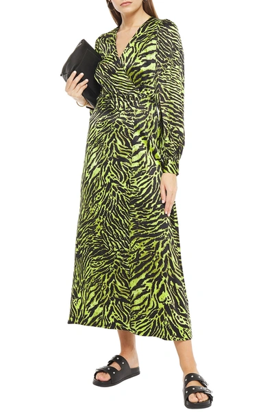 Shop Ganni Tiger-print Silk-blend Satin Midi Wrap Dress In Lime Green