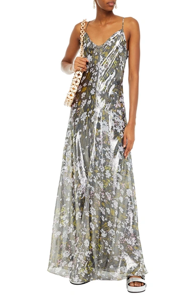 Shop Ganni Cutout Floral-print Silk-blend Lamé Maxi Slip Dress In Gunmetal