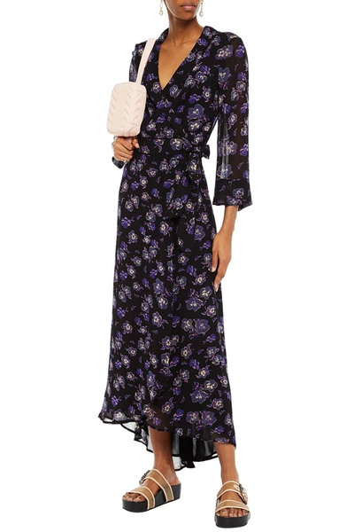 Shop Ganni Floral-print Georgette Maxi Wrap Dress In Black