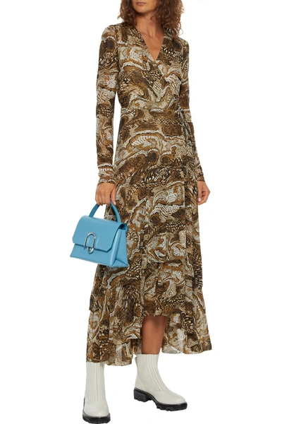 Shop Ganni Asymmetric Printed Stretch-mesh Midi Wrap Dress In Animal Print