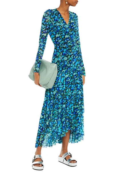 Shop Ganni Floral-print Stretch-mesh Maxi Wrap Dress In Turquoise