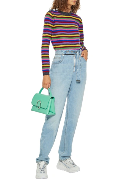 Shop Ganni Button-embellished Striped Cashmere Sweater In Multicolor