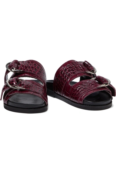 Shop Ganni Buckled Croc-effect Leather Slides In Plum