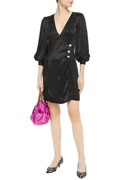 Shop Ganni Crystal-embellished Satin Mini Wrap Dress In Black