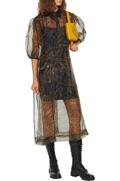 Shop Ganni Oversized Tiger-print Organza Midi Dress In Animal Print